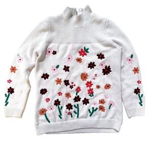 Talbots Sweater Womens Large White Mock Neck Colorful Floral Embroidered Cottage